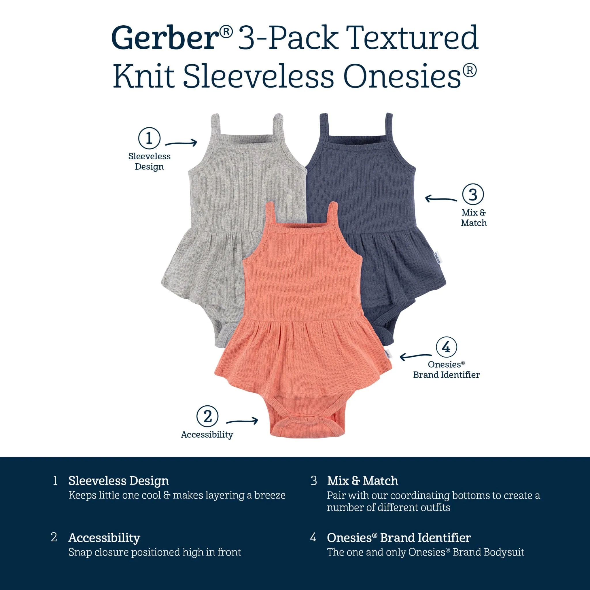 3-Pack Baby Girls Coral, Gray, & Navy Sleeveless Skirted Onesies® Bodysuits