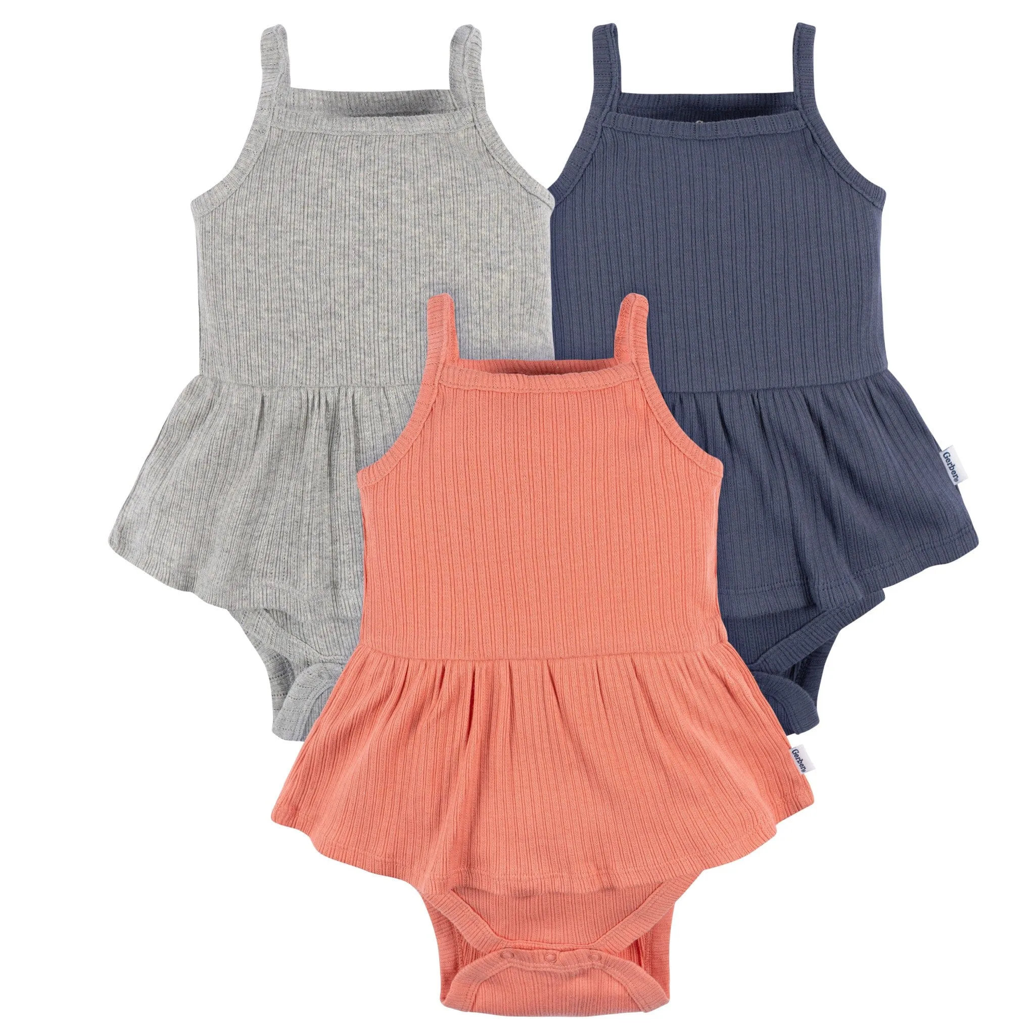 3-Pack Baby Girls Coral, Gray, & Navy Sleeveless Skirted Onesies® Bodysuits