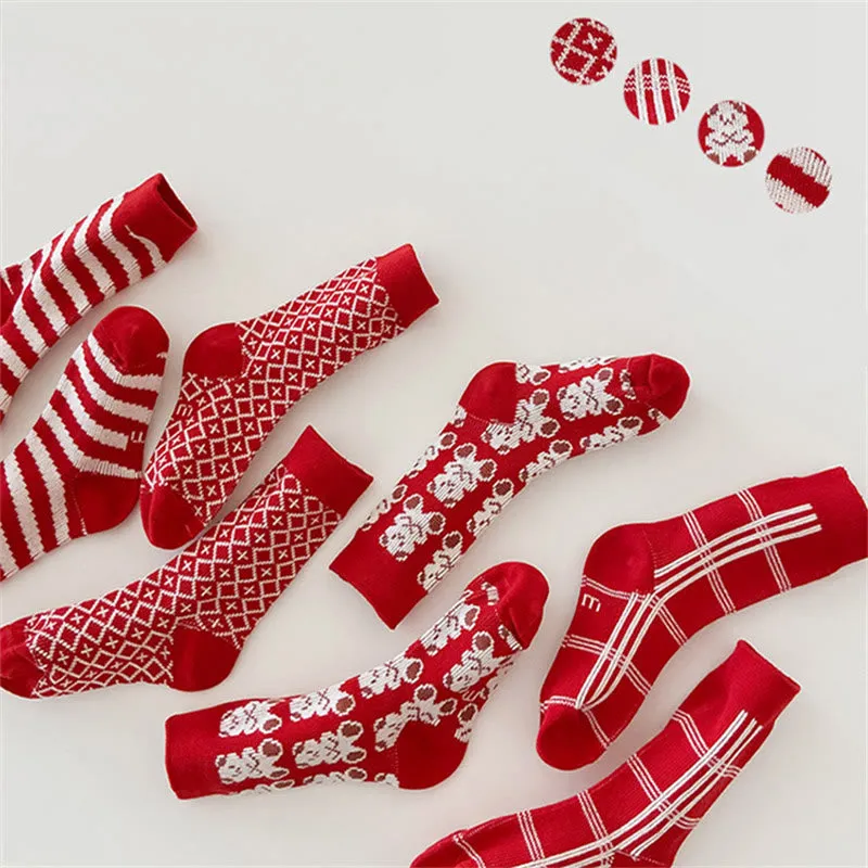 4 Pairs Baby Red Animal Striped Floor Socks