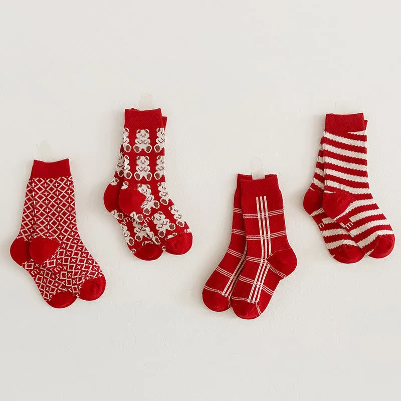4 Pairs Baby Red Animal Striped Floor Socks