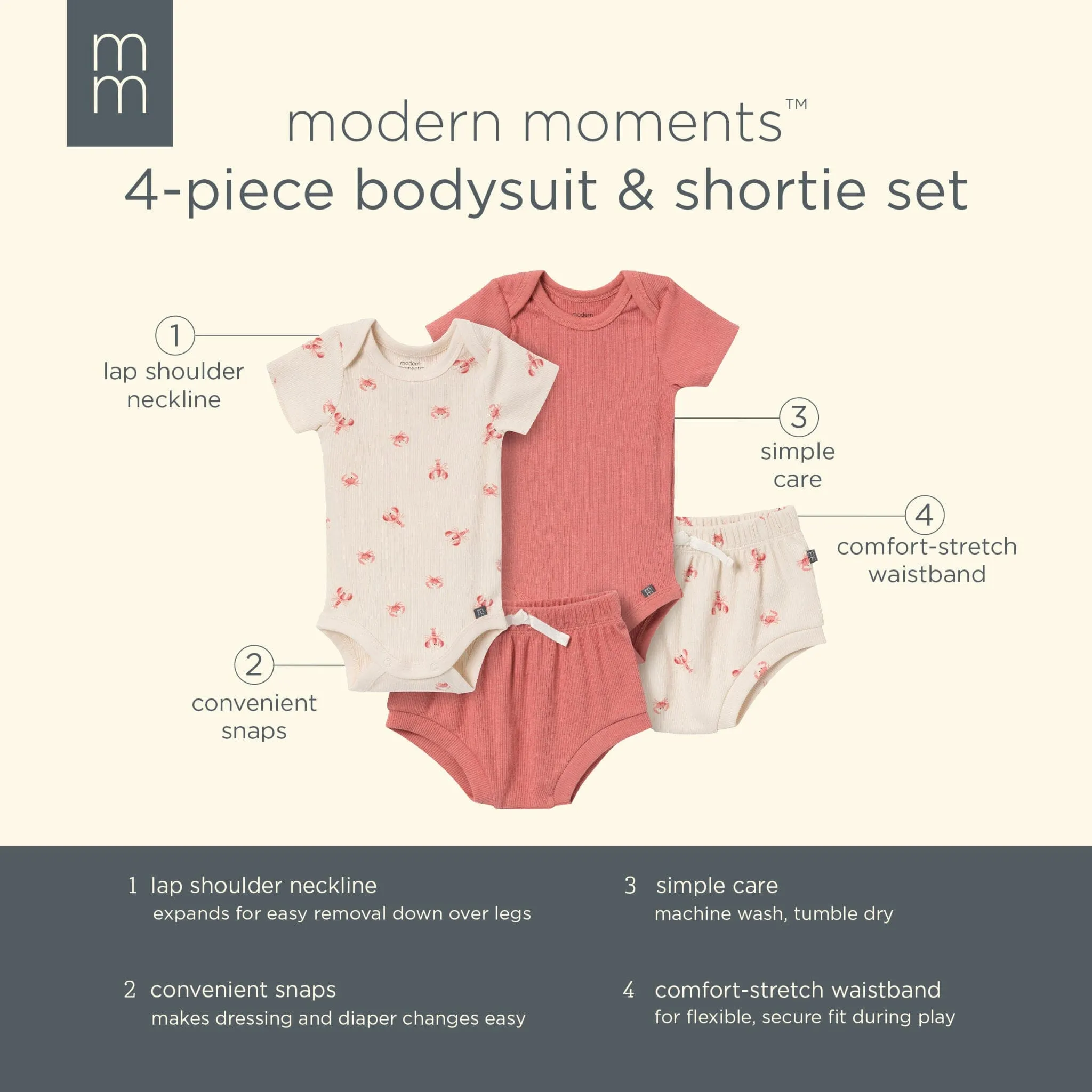 4-Piece Baby Neutral Beige Lobster Short Sleeve Bodysuits and Shorts Set