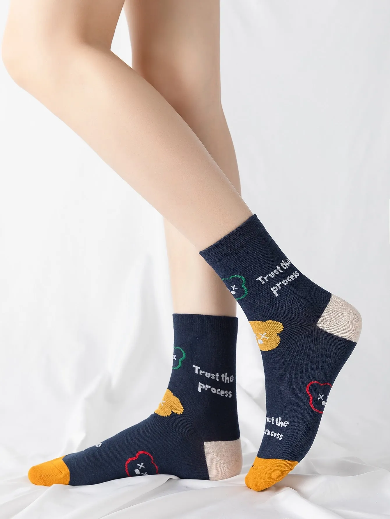 5pairs Striped & Slogan Graphic Crew Socks