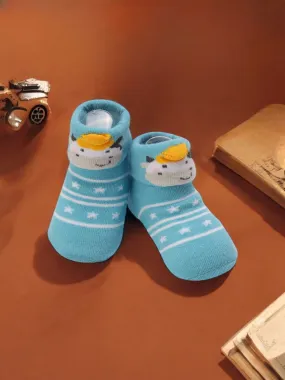 Aqua Blue Baby Booties with 3D Cow Design and Star Pattern – Cozy and Adorable