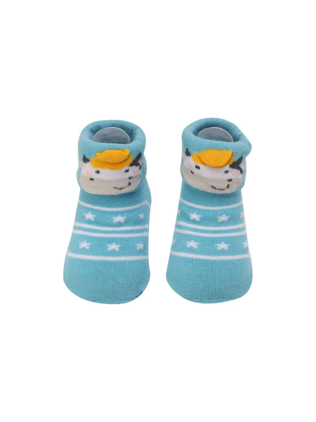 Aqua Blue Baby Booties with 3D Cow Design and Star Pattern – Cozy and Adorable