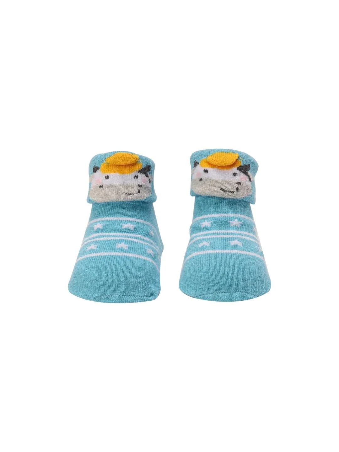 Aqua Blue Baby Booties with 3D Cow Design and Star Pattern – Cozy and Adorable