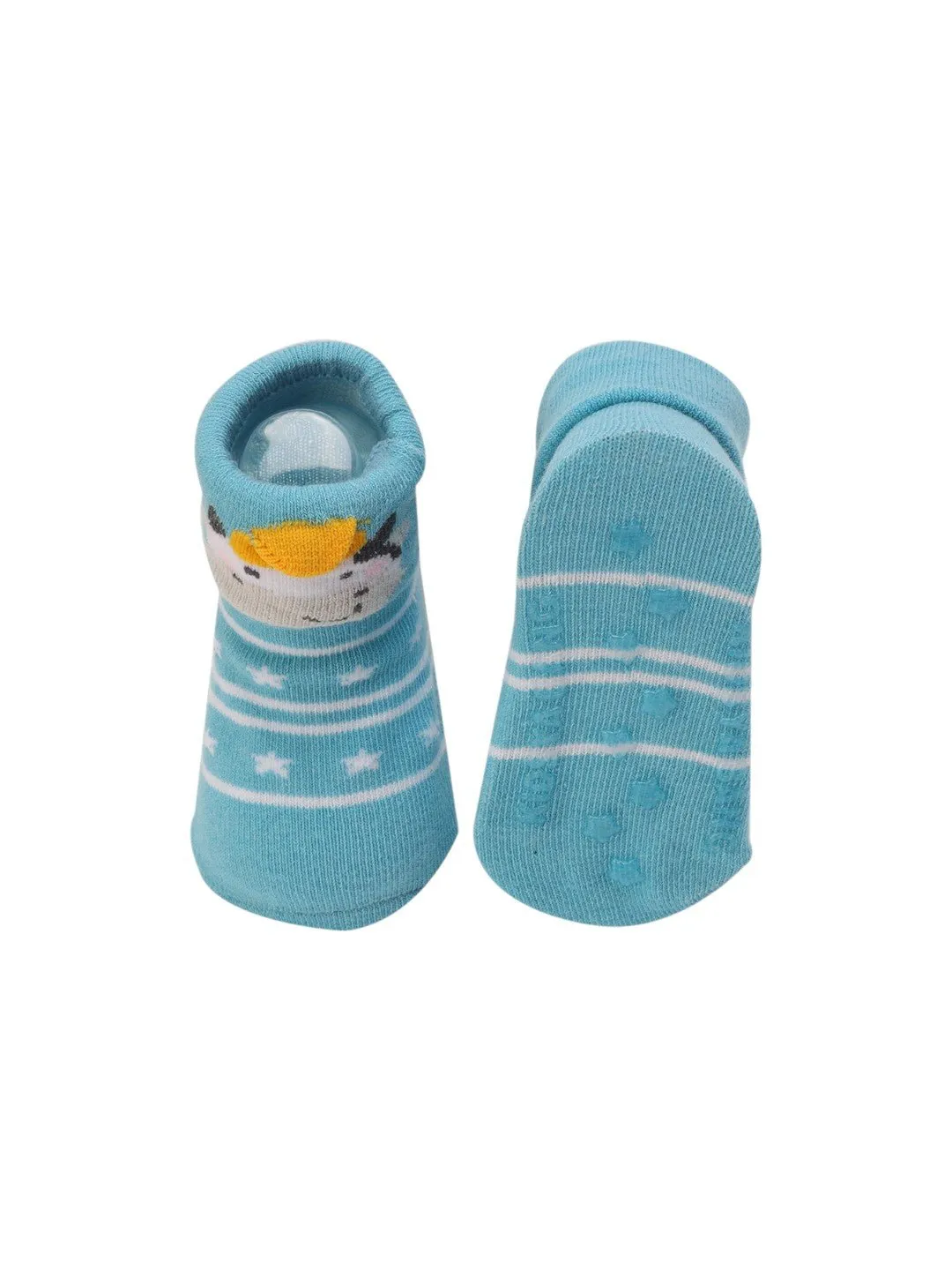 Aqua Blue Baby Booties with 3D Cow Design and Star Pattern – Cozy and Adorable