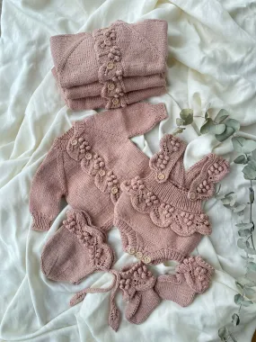 Beautiful Dusty Pink Hand Knitted 4 piece set.Set Include Cardigan,Romper,Baby Booties and baby Bonnet.