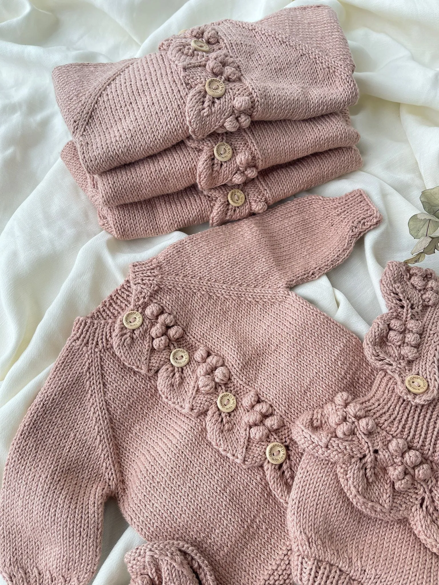 Beautiful Dusty Pink Hand Knitted 4 piece set.Set Include Cardigan,Romper,Baby Booties and baby Bonnet.