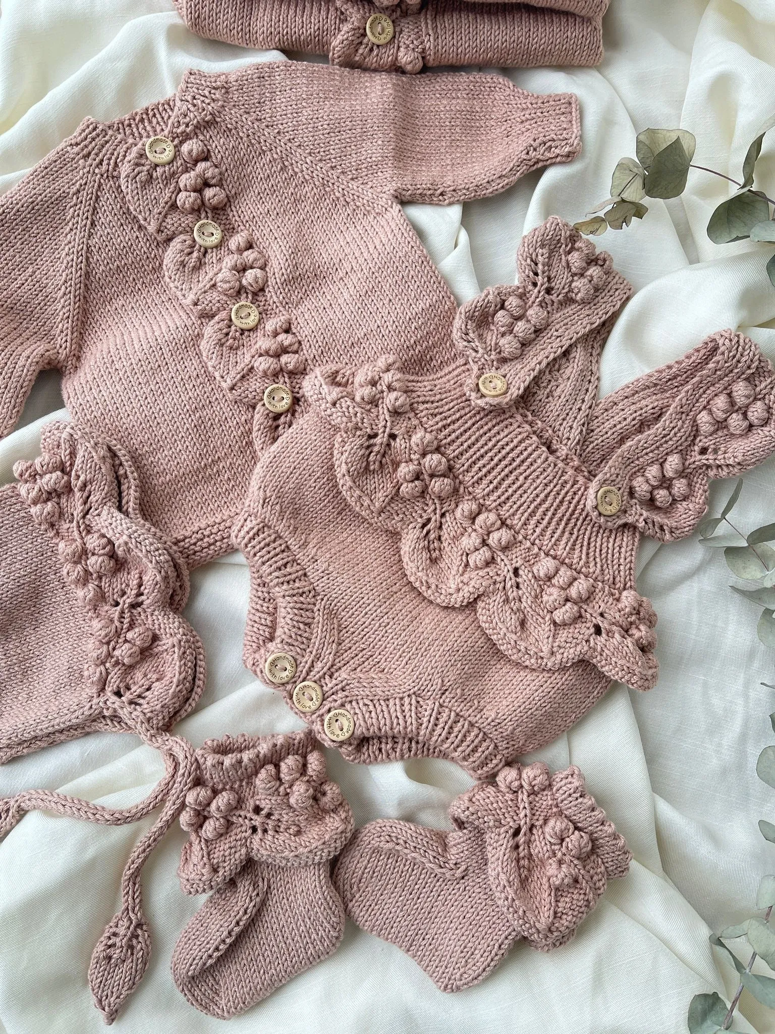 Beautiful Dusty Pink Hand Knitted 4 piece set.Set Include Cardigan,Romper,Baby Booties and baby Bonnet.