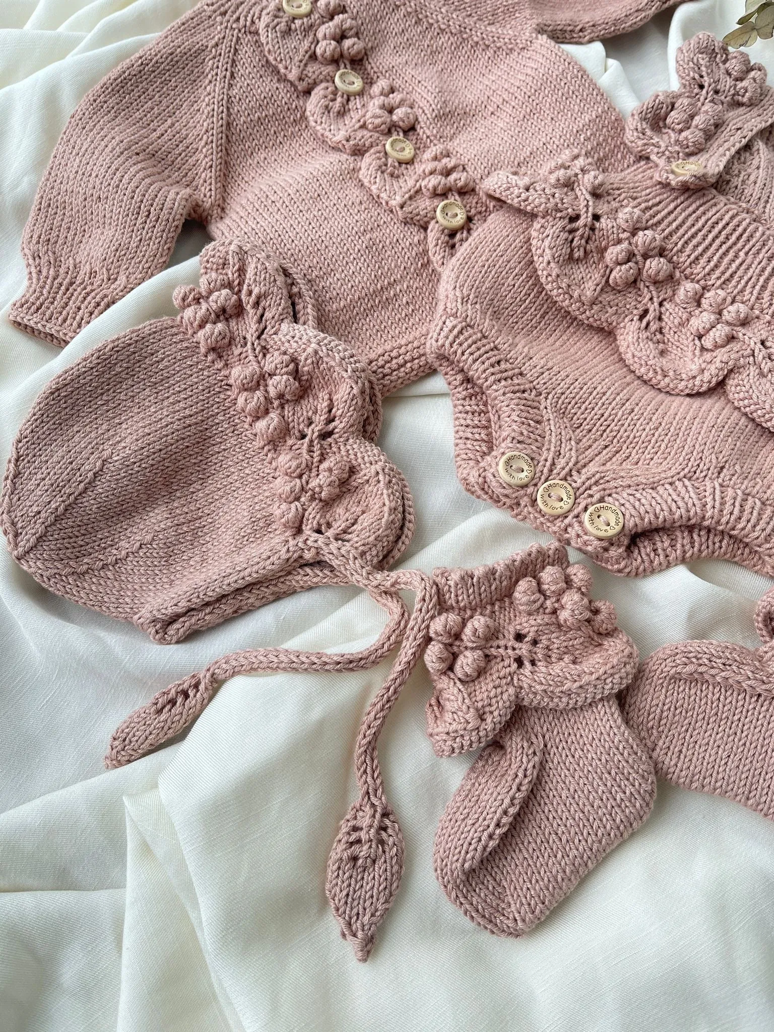 Beautiful Dusty Pink Hand Knitted 4 piece set.Set Include Cardigan,Romper,Baby Booties and baby Bonnet.