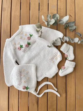 Beautiful Ivory Hand Knitted 3 piece set with floral details.
