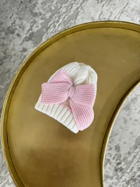 Beautiful knitted Merino wool Ivory/White Baby girl hat with Bow details.
