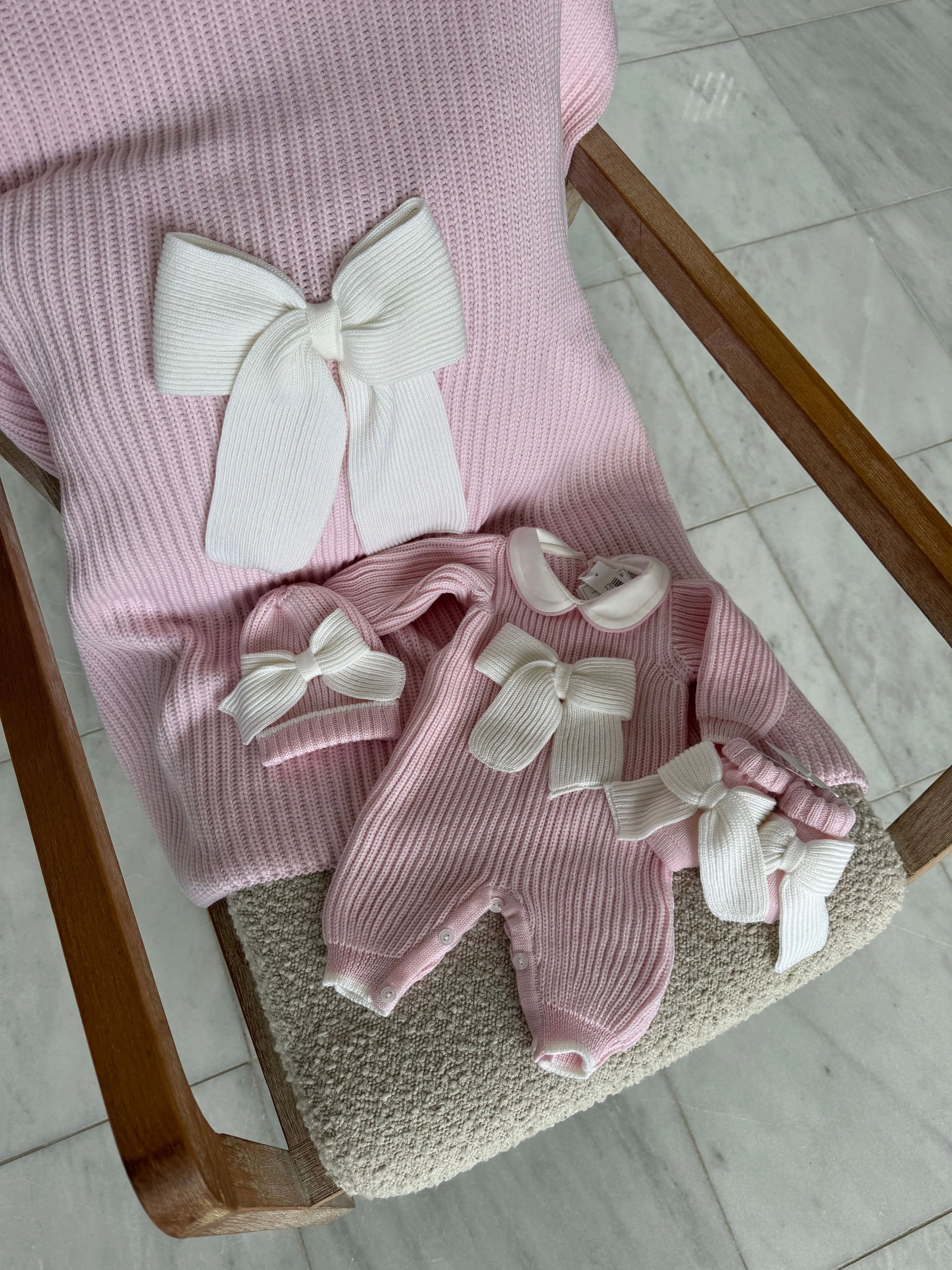 Beautiful knitted Merino wool Pink Baby girl hat with Bow details. (C)