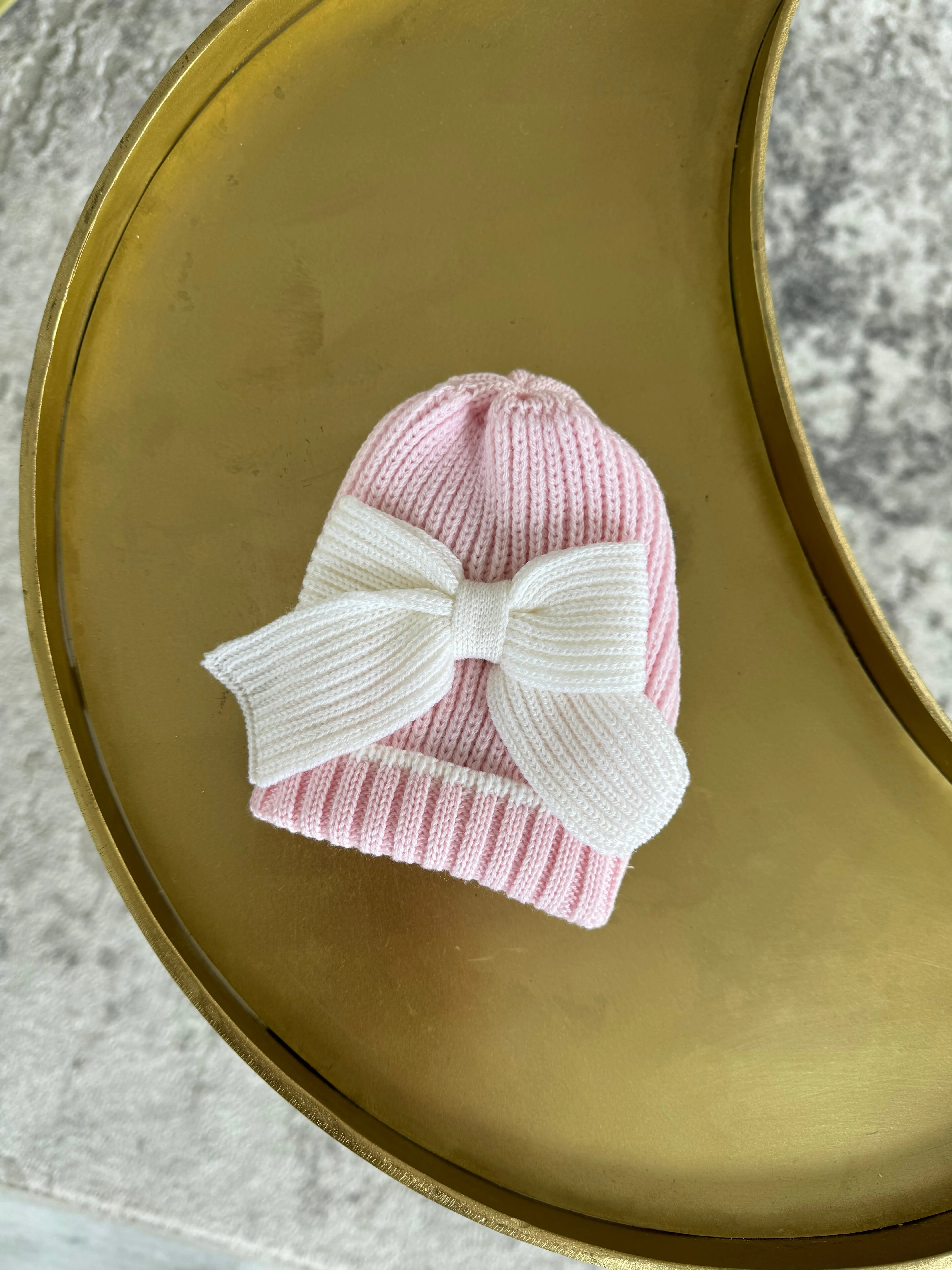 Beautiful knitted Merino wool Pink Baby girl hat with Bow details. (C)