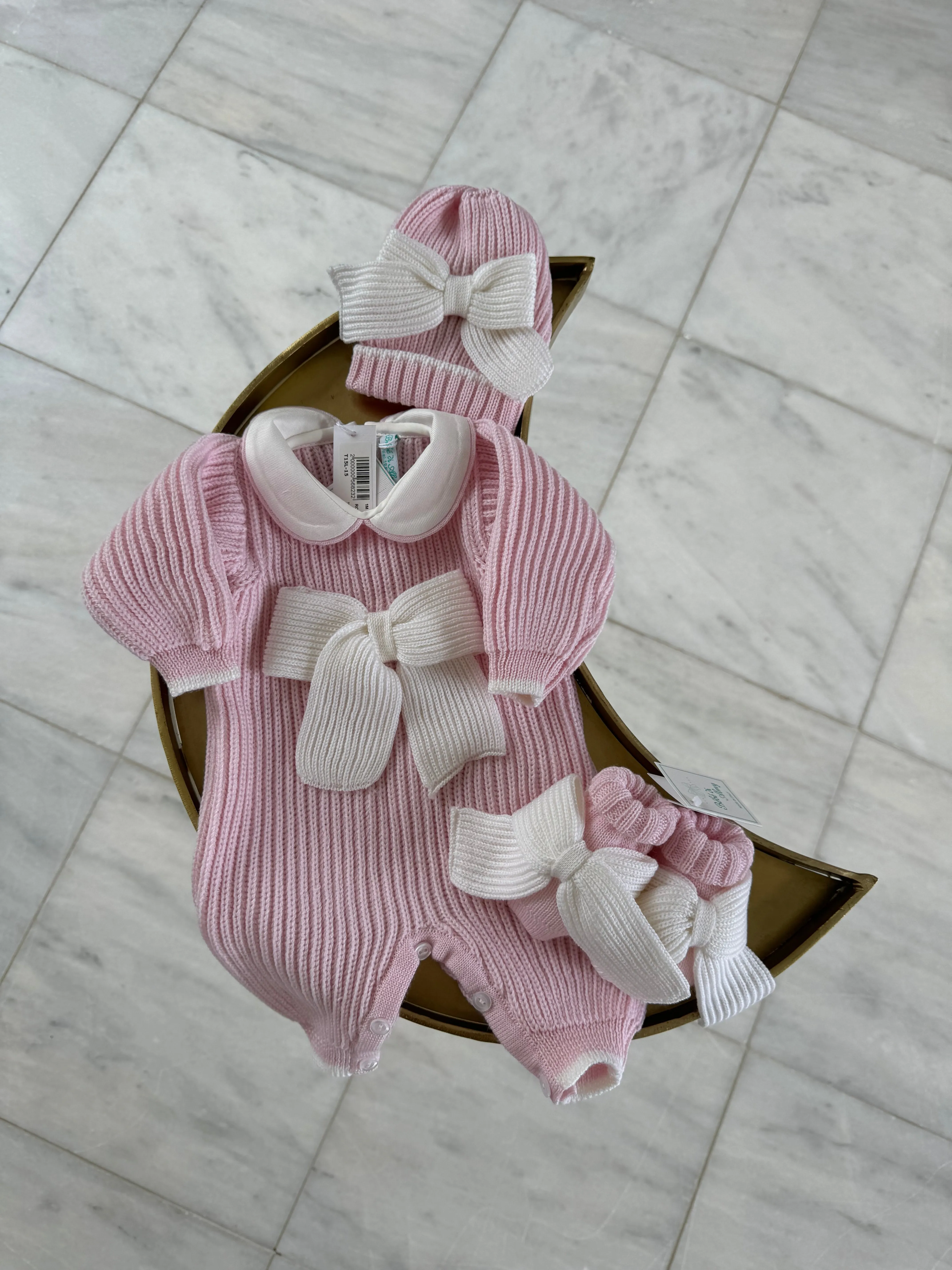 Beautiful knitted Merino wool Pink Baby girl hat with Bow details. (C)