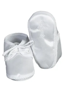 Boys White Embroidered Cross Satin Christening Booties 0 Baby - 5 Toddler