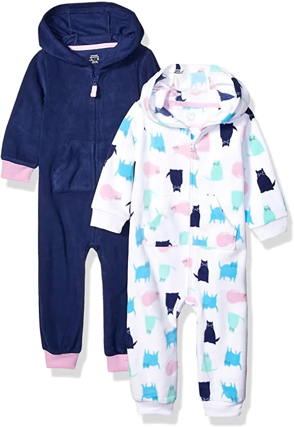 Brand new Amazon Essentials Baby Girls 2-Pack Microfleece Hooded Coverall, Newborn!