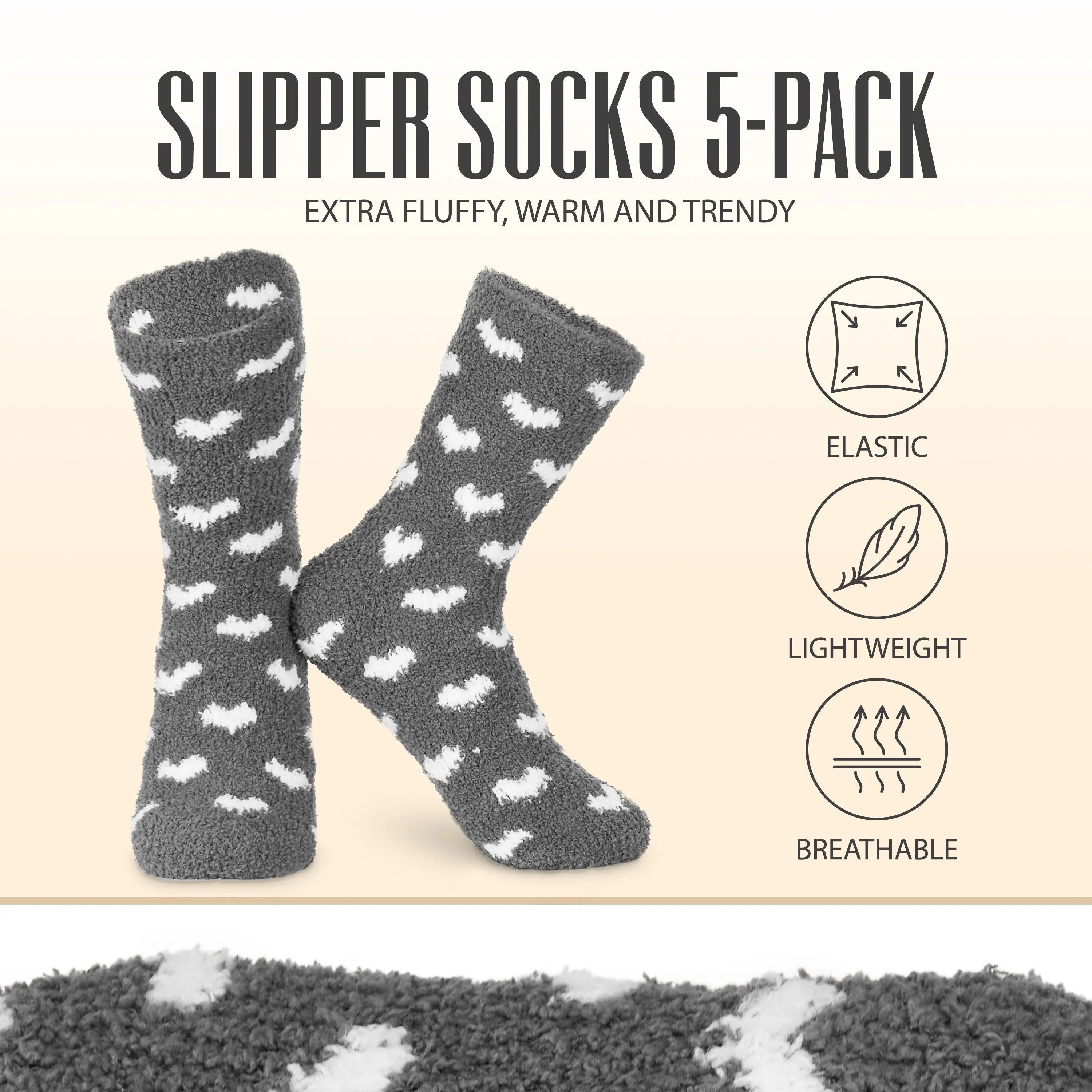 CityComfort Fluffy Socks with Hearts, Women Warm Slipper Socks 5-Pack, Winter Gifts For Her