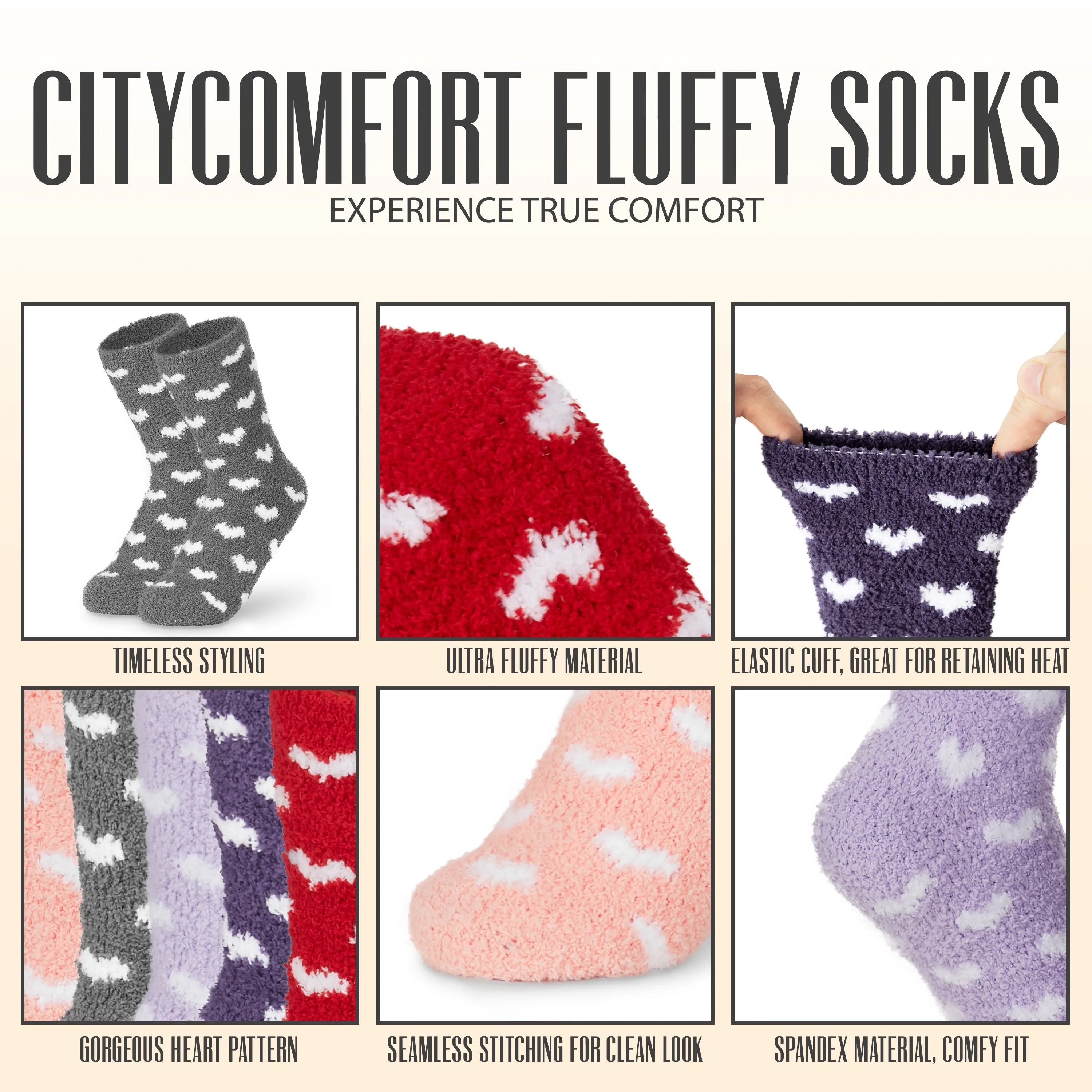 CityComfort Fluffy Socks with Hearts, Women Warm Slipper Socks 5-Pack, Winter Gifts For Her