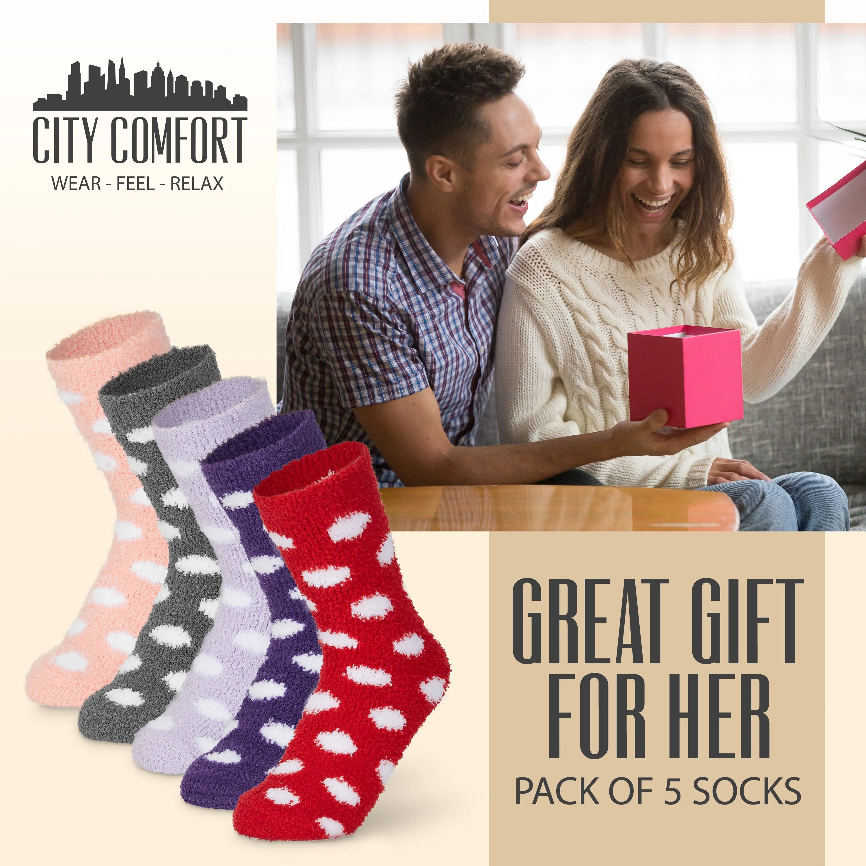 CityComfort Polka Dots Fluffy Socks, Women Warm Slipper Socks 5-Pack, Winter Gifts For Her