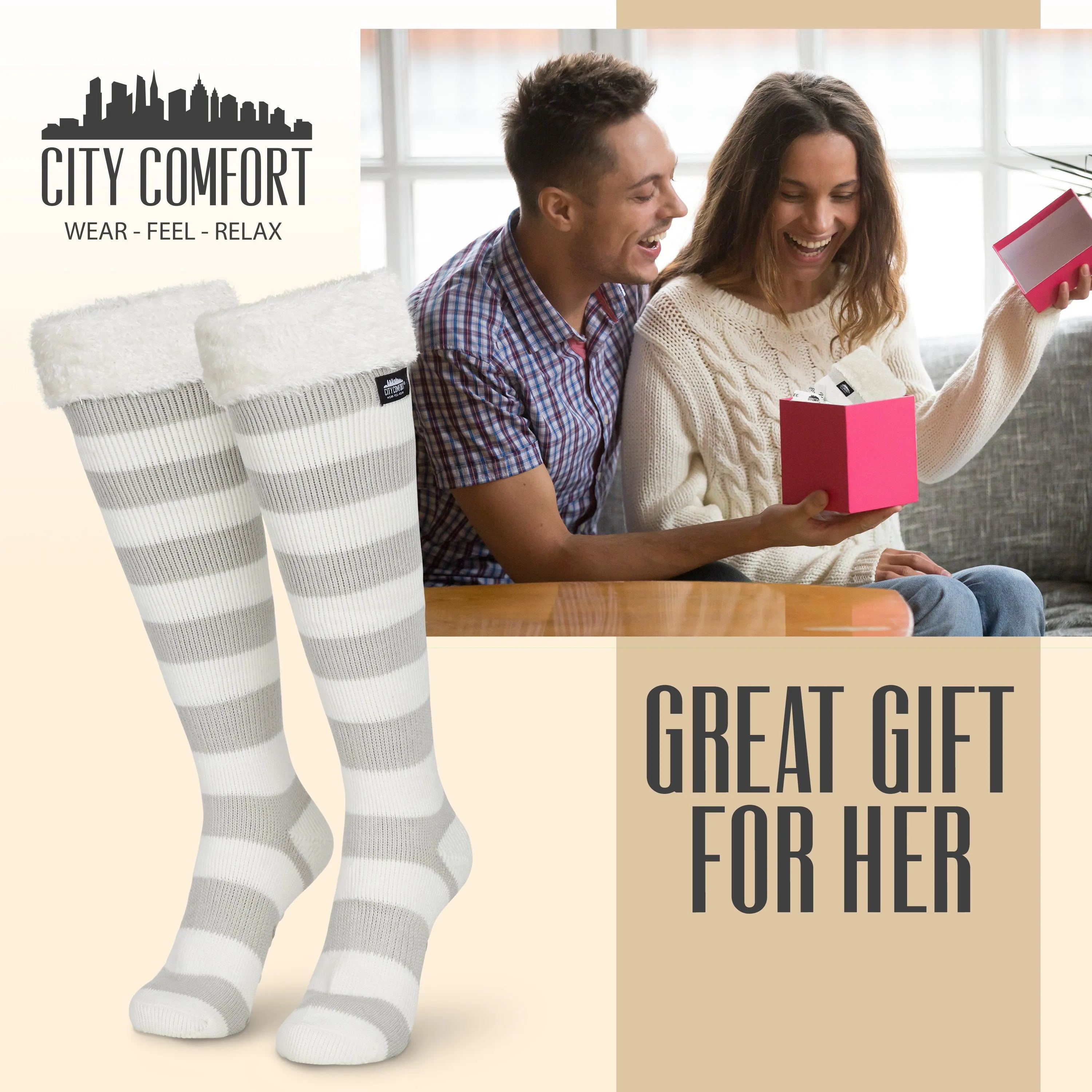 CityComfort Slipper Socks for Women, Knee High Socks Non Slip, Long Fluffy Socks