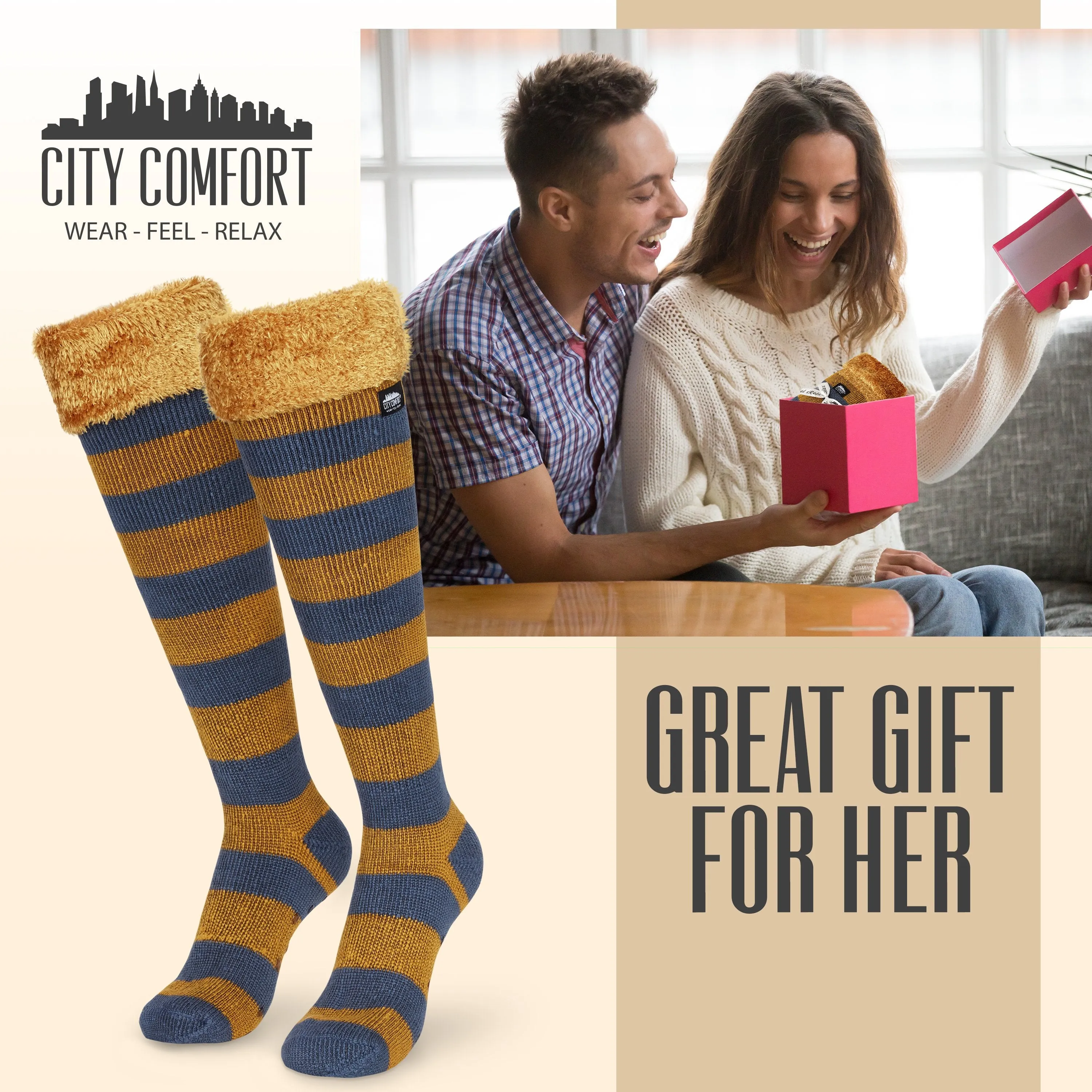 CityComfort Slipper Socks for Women, Knee High Socks Non Slip, Long Fluffy Socks