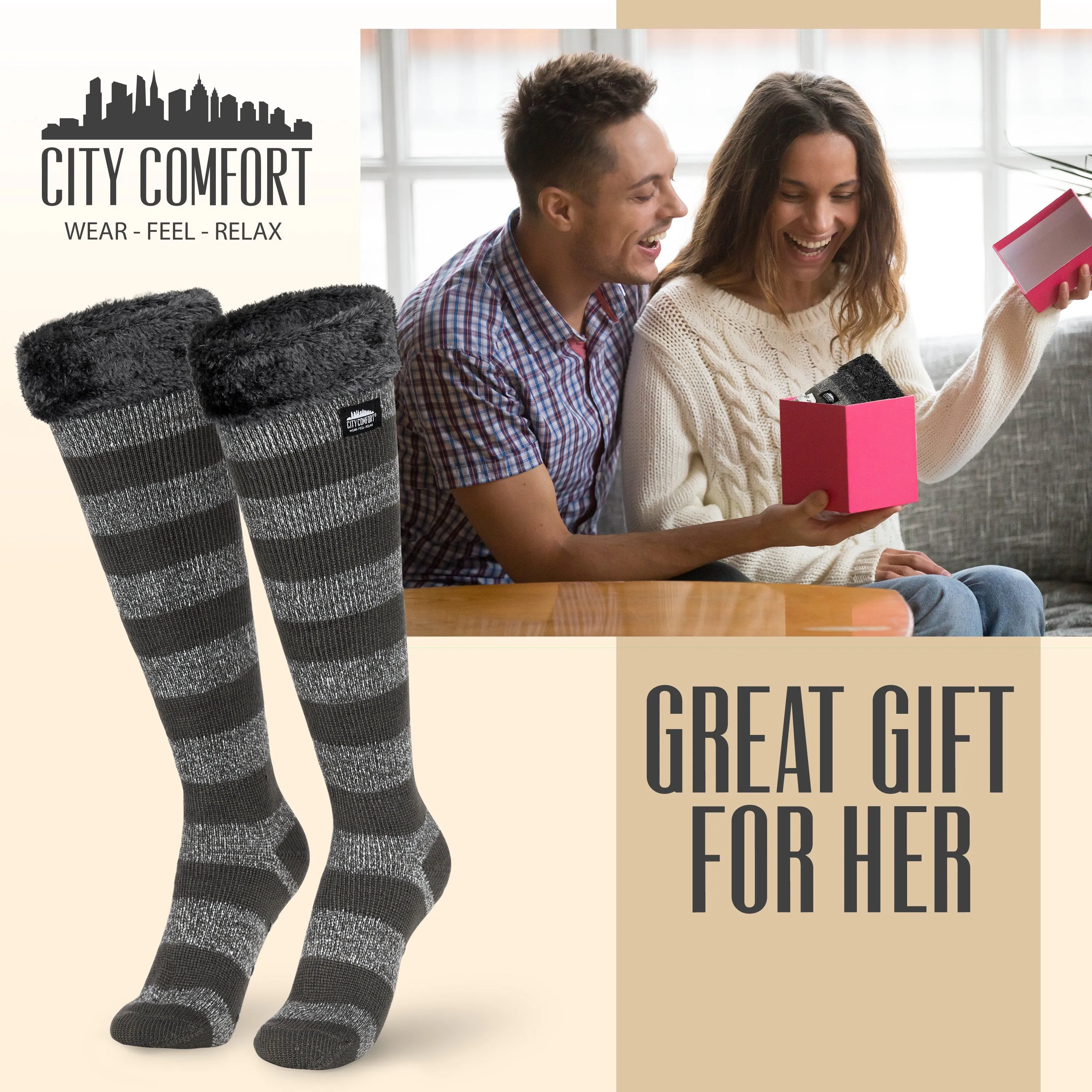 CityComfort Slipper Socks for Women, Knee High Socks Non Slip, Long Fluffy Socks