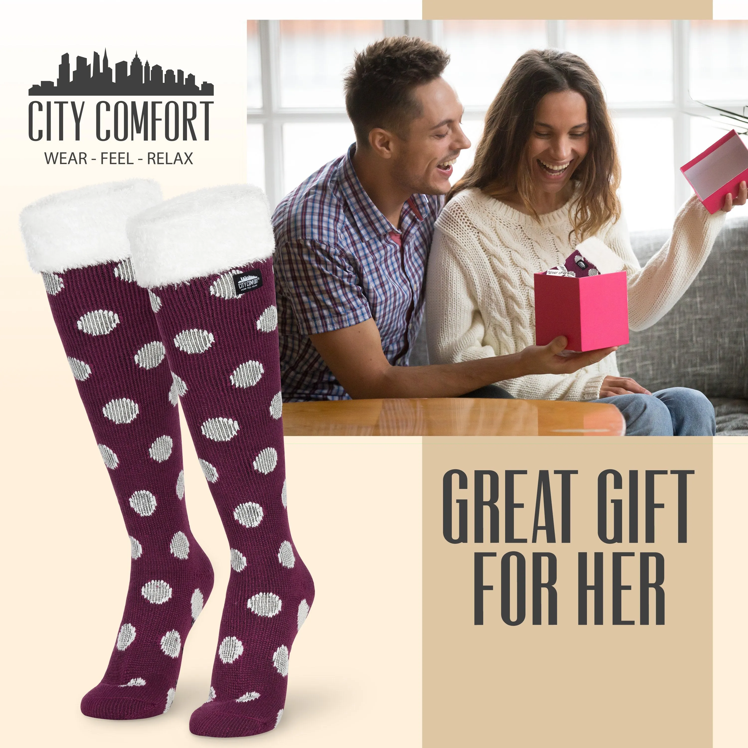 CityComfort Slipper Socks for Women, Knee High Socks Non Slip, Long Fluffy Socks