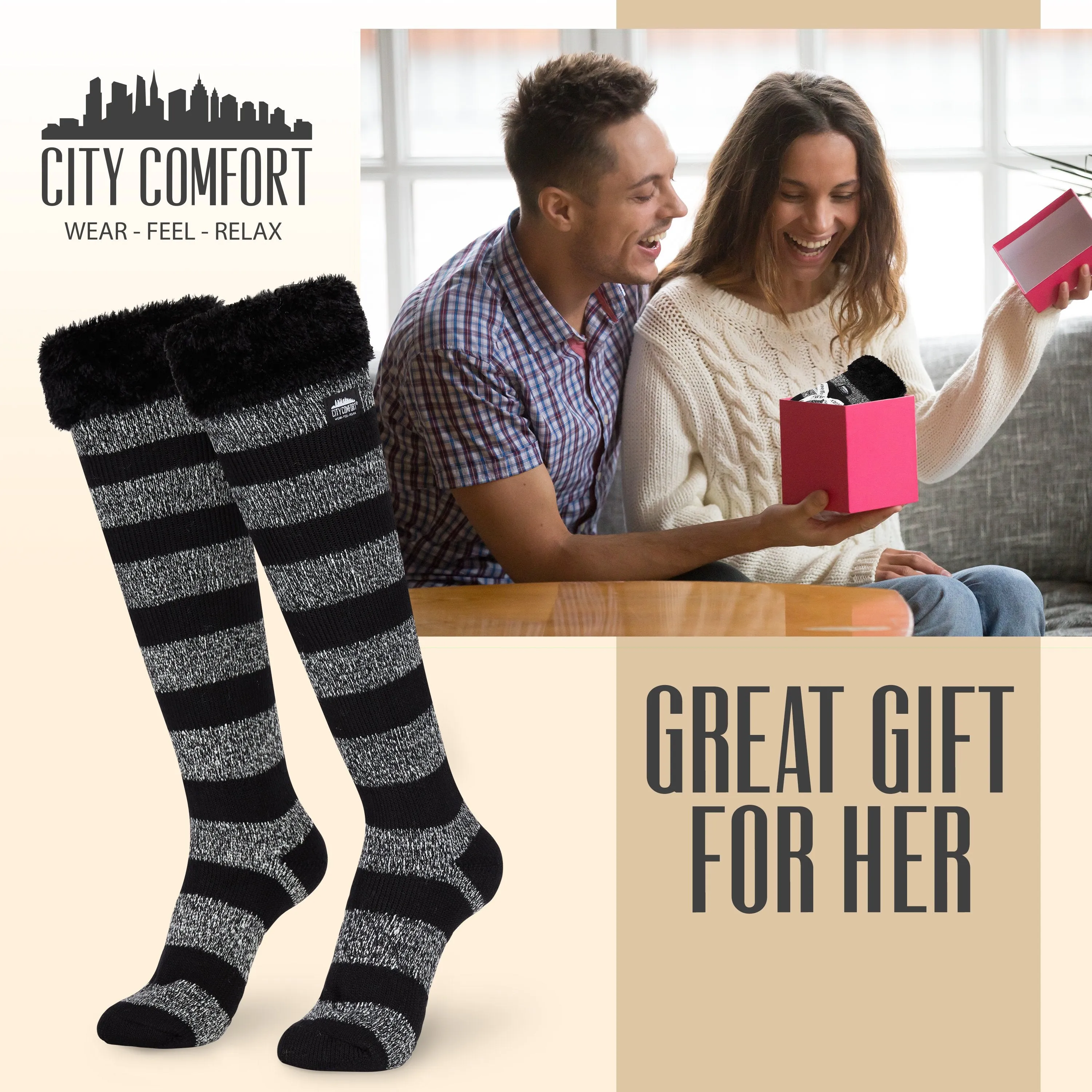 CityComfort Slipper Socks for Women, Knee High Socks Non Slip, Long Fluffy Socks