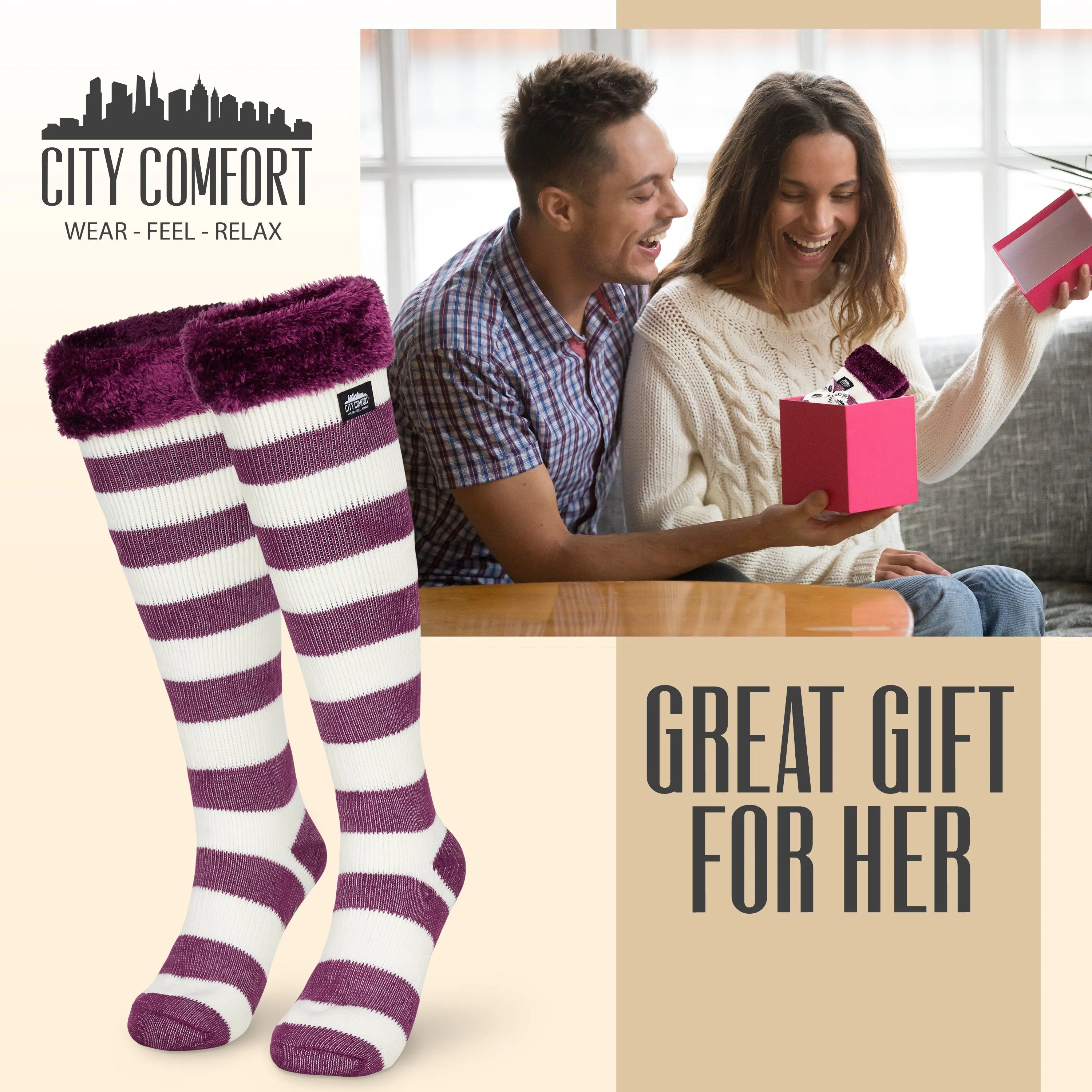 CityComfort Slipper Socks for Women, Knee High Socks Non Slip, Long Fluffy Socks