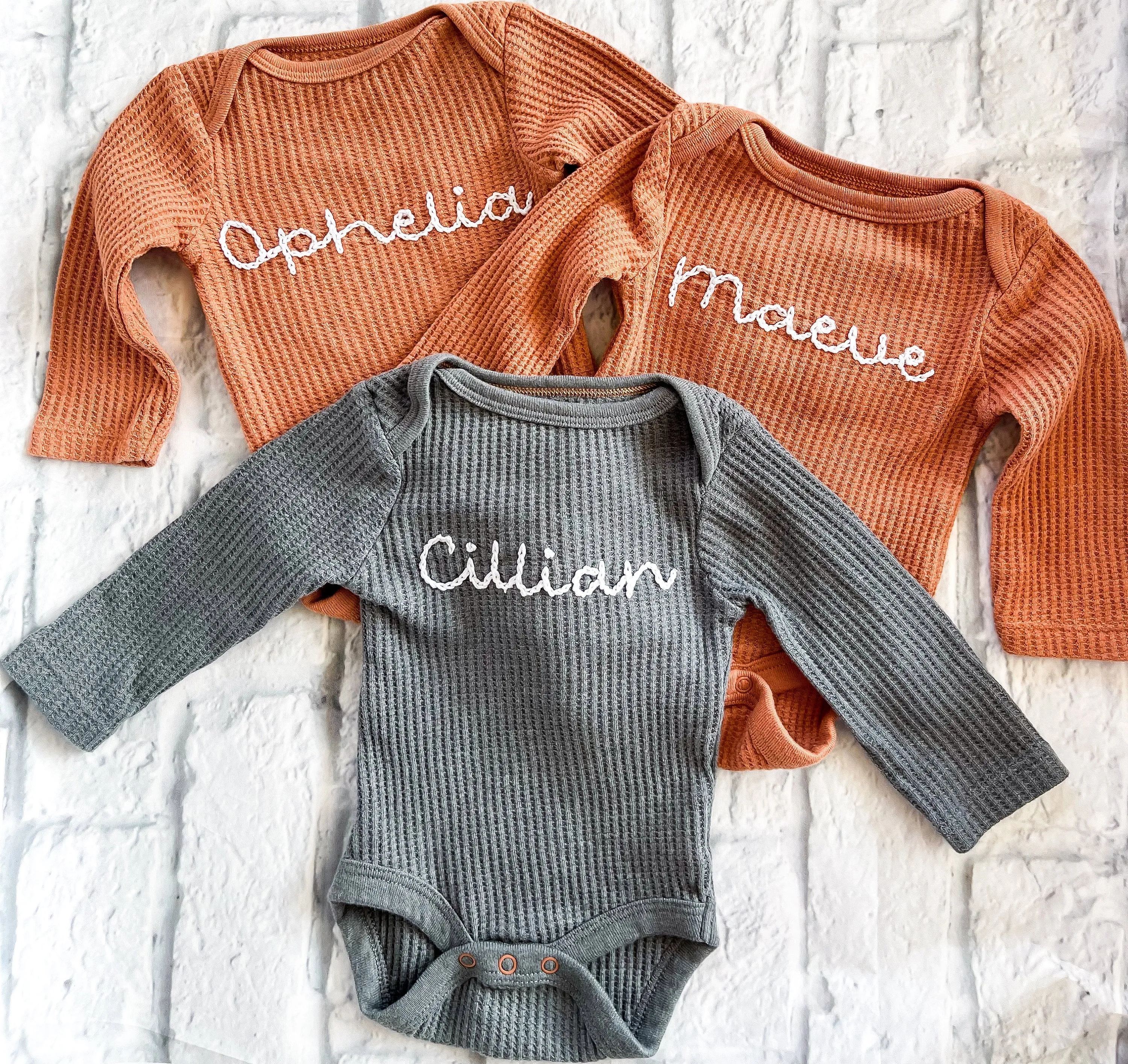Custom Hand Embroidered Long Sleeve Waffle Bodysuit/Long Sleeve Ribbed Bodysuit