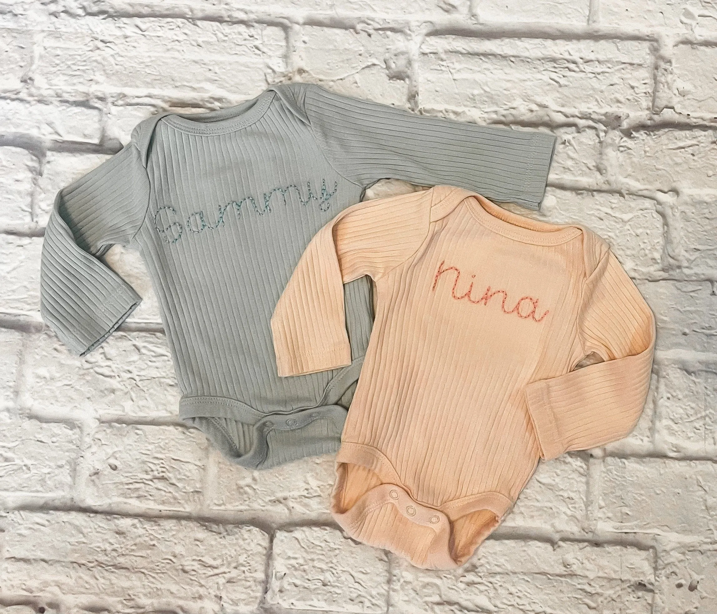 Custom Hand Embroidered Long Sleeve Waffle Bodysuit/Long Sleeve Ribbed Bodysuit