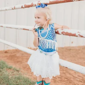 Denim Print Sueded Fringe Onesie (0-18M)
