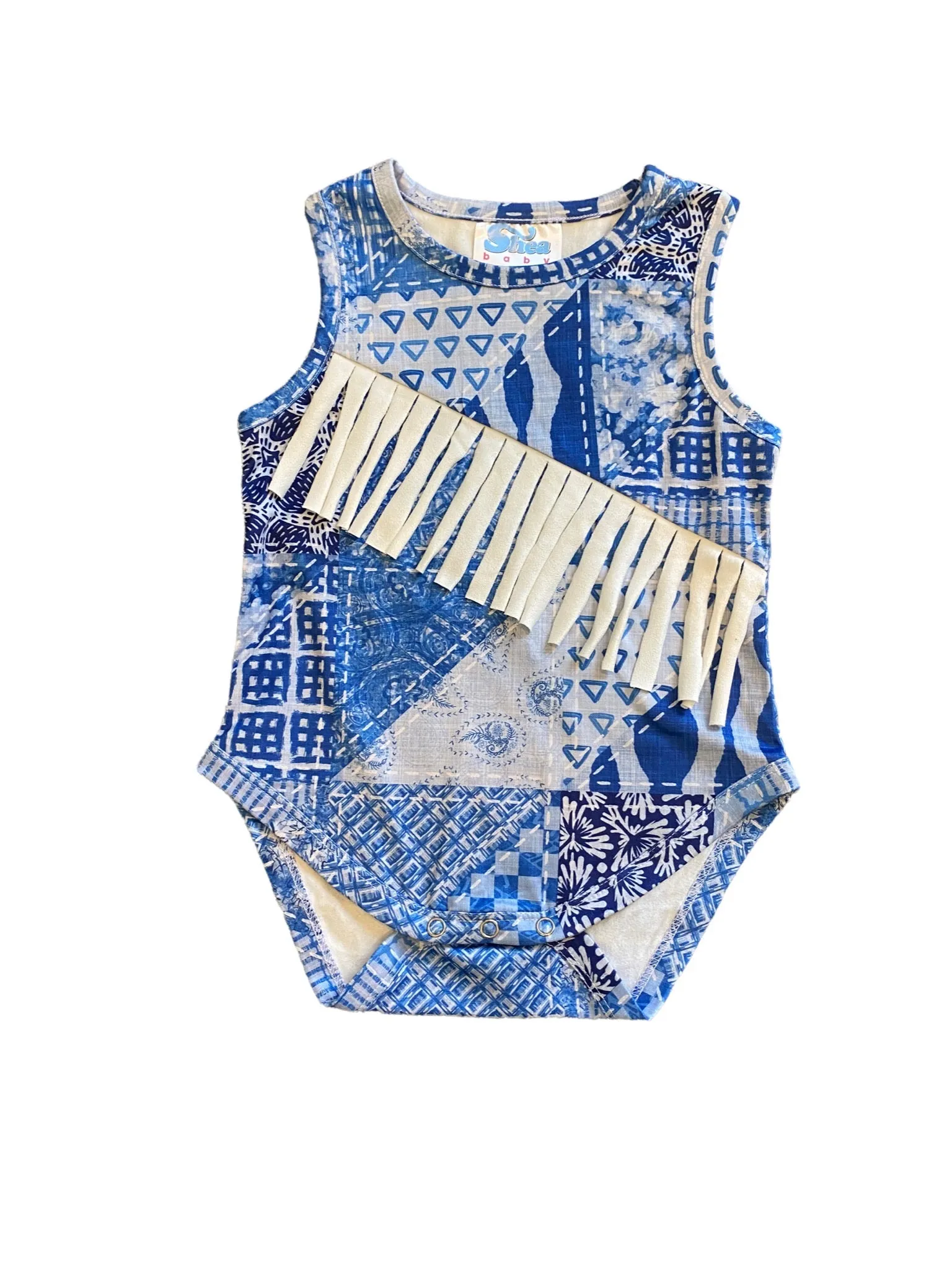 Denim Print Sueded Fringe Onesie (0-18M)
