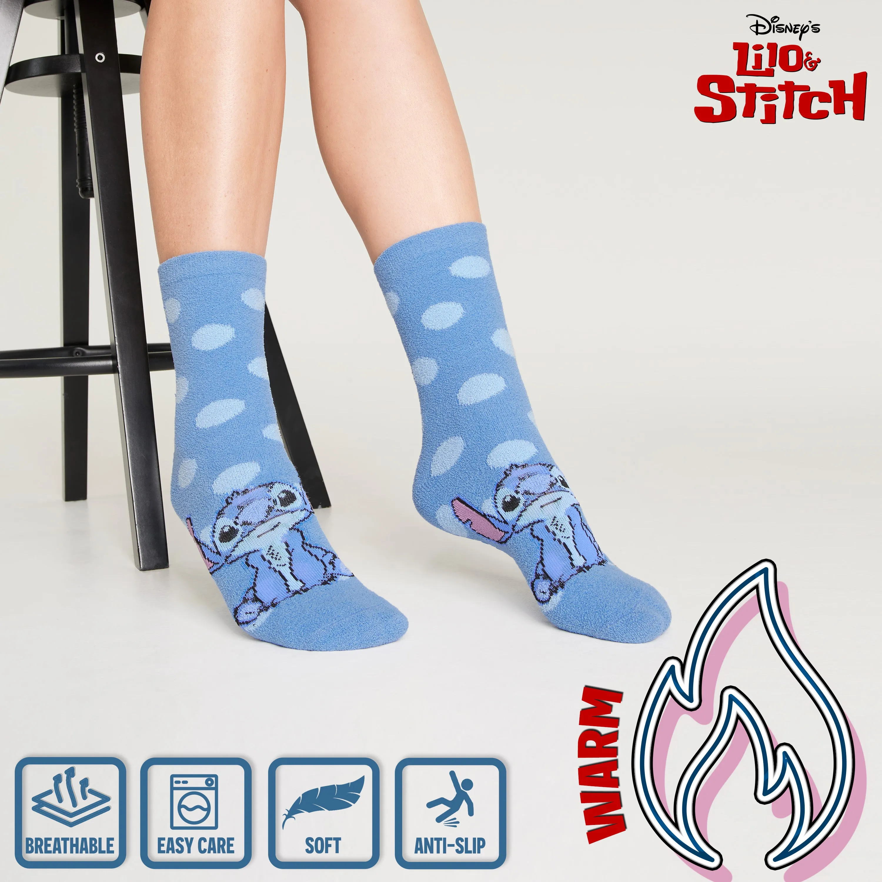 Disney Stitch Fluffy Socks for Ladies, 2 Pack Fluffy Socks Non Slip Fleece Bed Socks