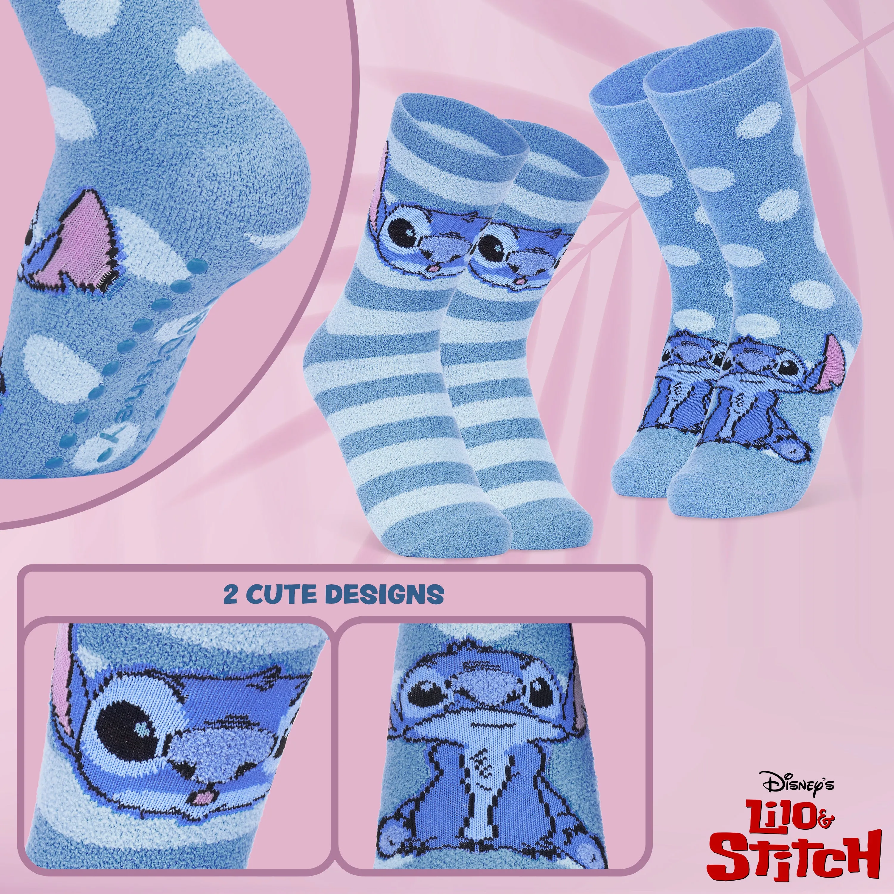 Disney Stitch Fluffy Socks for Ladies, 2 Pack Fluffy Socks Non Slip Fleece Bed Socks