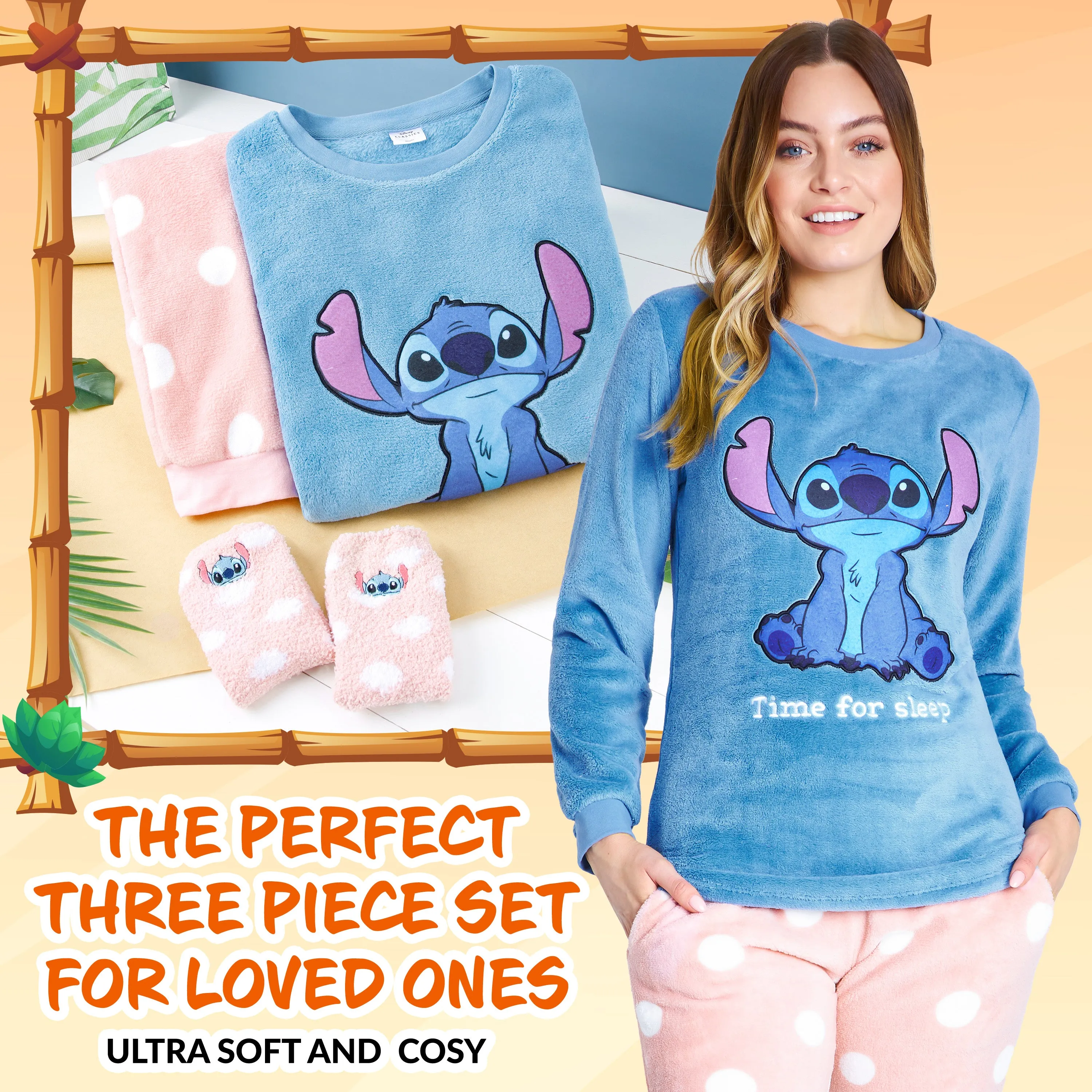 Disney Womens Pyjamas, Fleece Loungewear and Fluffy Socks Stitch Gift Set