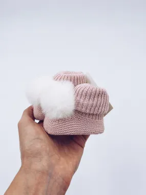 Dusty Pink knitted Pompom booties.