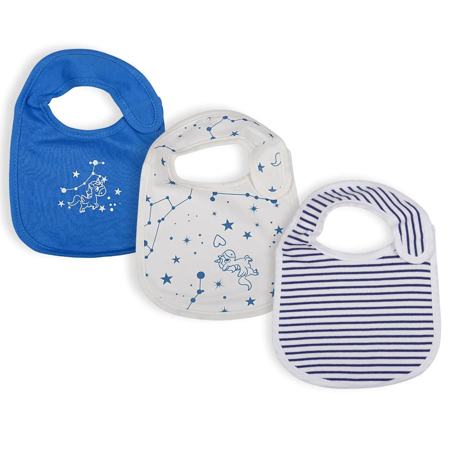 Feeding Bibs Pack Of 3 Unicorns And Constellations Blue And White