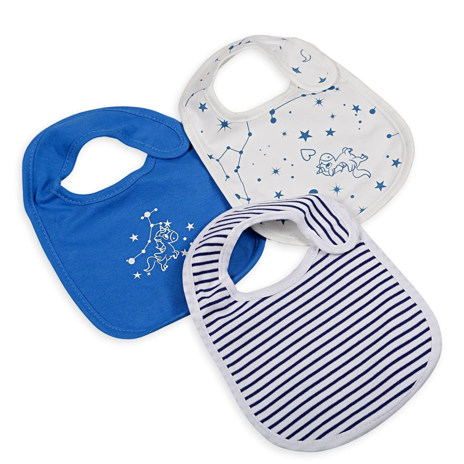 Feeding Bibs Pack Of 3 Unicorns And Constellations Blue And White