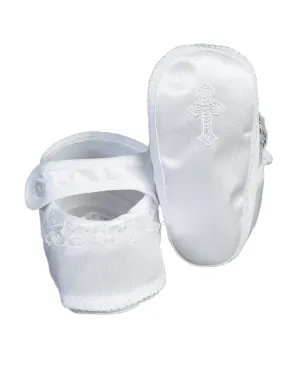 Girls White Embroidered Cross Lace Trim Christening Booties 0-4 Baby