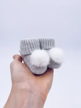Grey Knitted Pompom booties