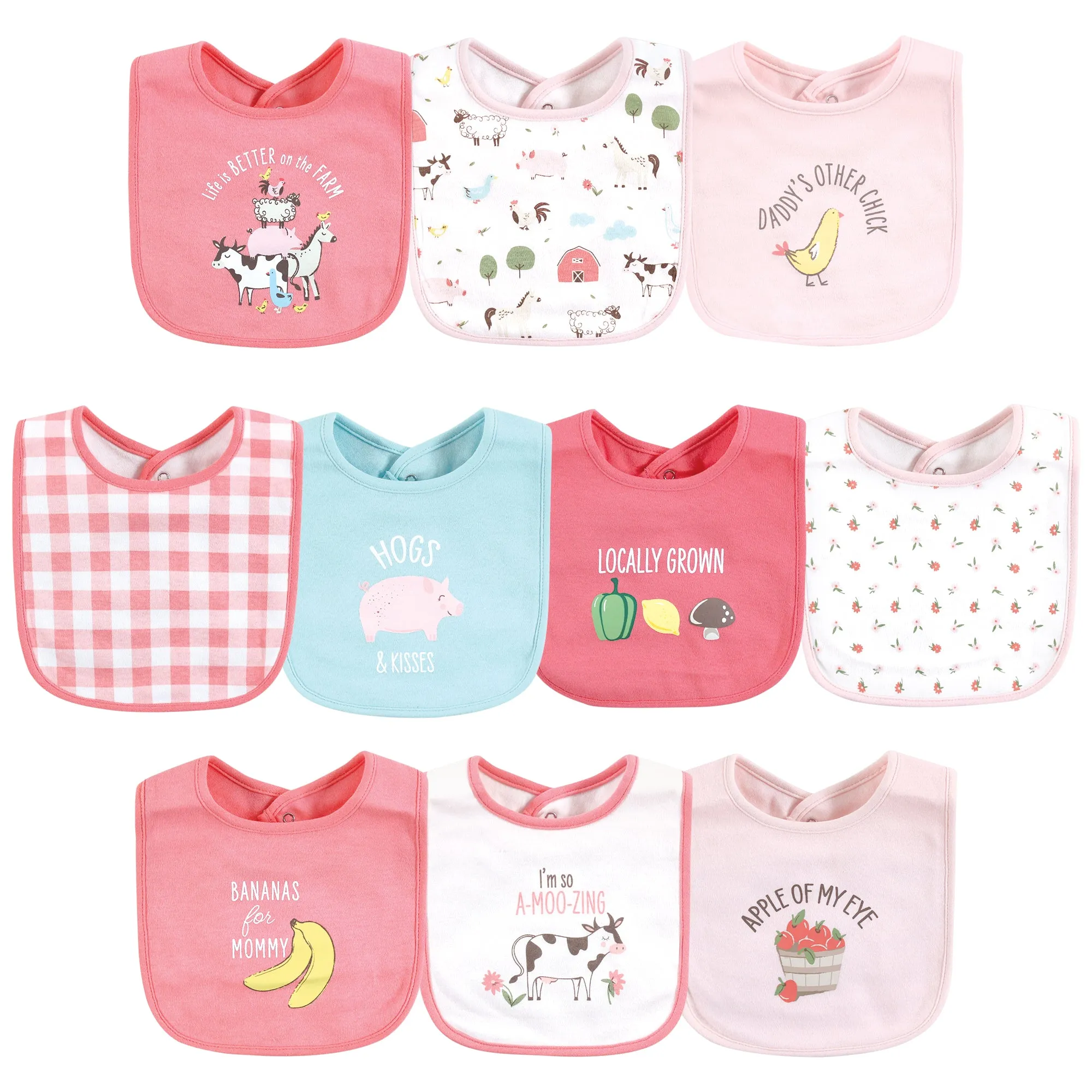 Hudson Baby Cotton Bibs, Girl Farm Animals