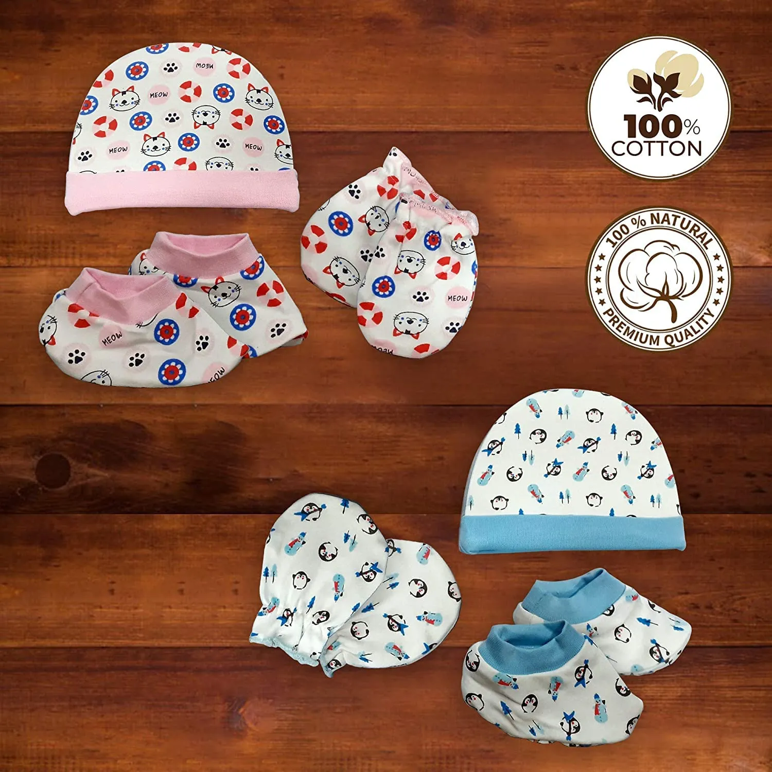 LuvLap 100% Cotton Baby Caps, Mittens and Booties Combo Set for 0-6 Months - Pack of 2 (Assorted)