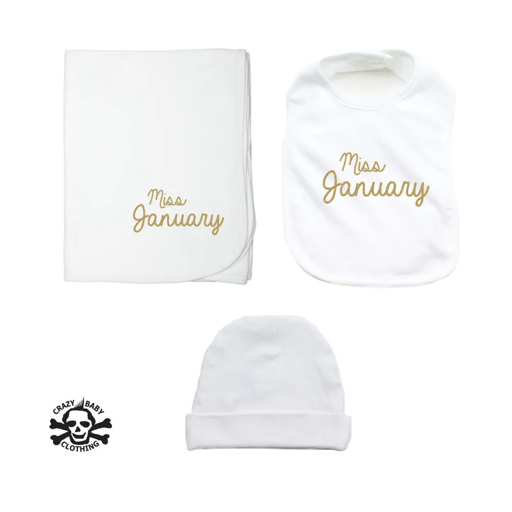 Miss Month Beanie, Blanket, and Bib Gift Set