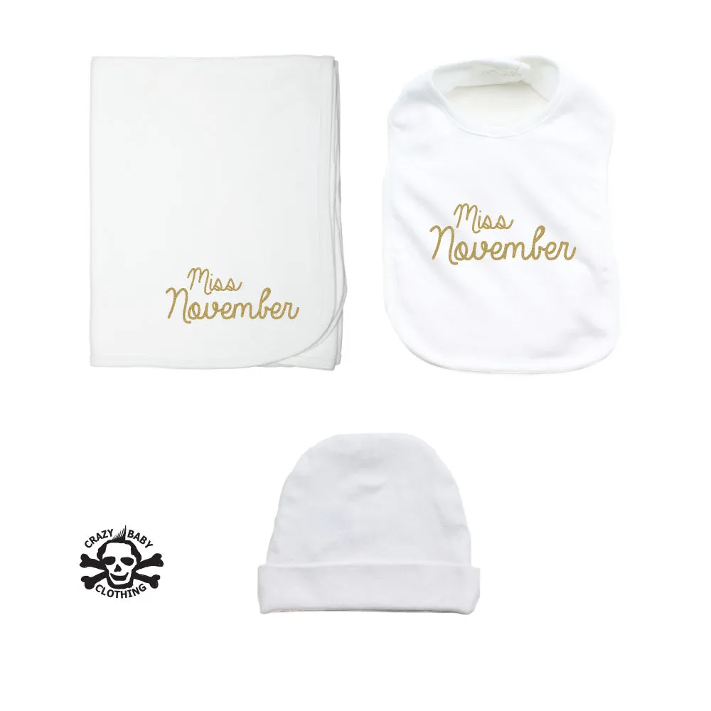 Miss Month Beanie, Blanket, and Bib Gift Set