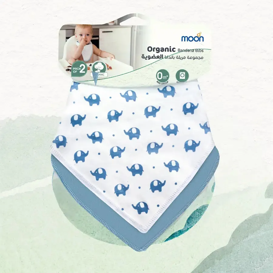 Moon Organic Bandana Bibs Regular (Pack of 2) Elephant & Blue
