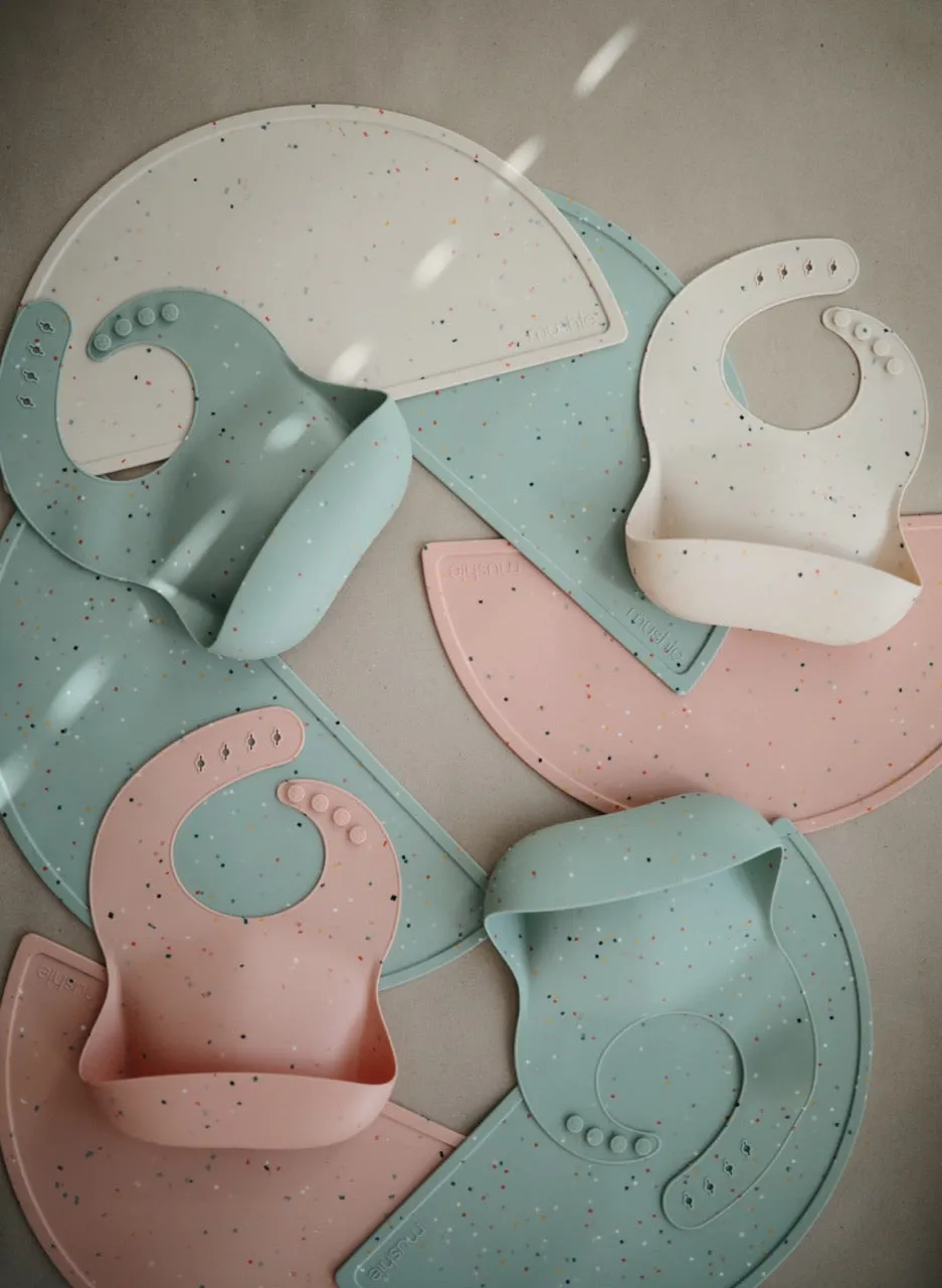 Mushie Silicone Baby Bib in Cambridge Blue Confetti