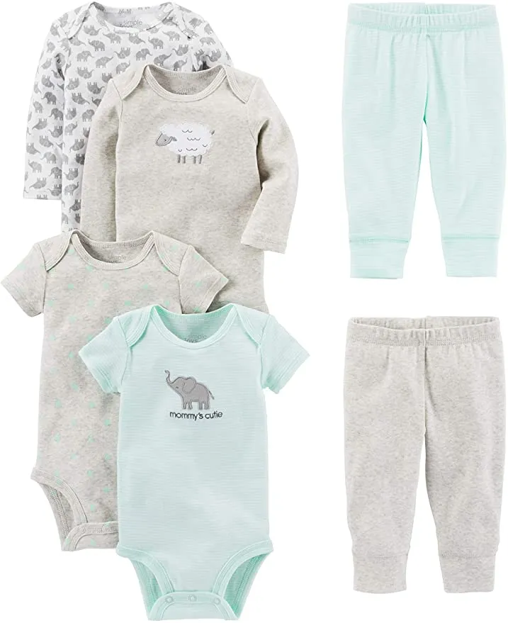 New Simple Joys by Carter's Baby 6-Piece Neutral Bodysuits (Short and Long Sleeve) and Pants Set, Sz 0-3 Months!