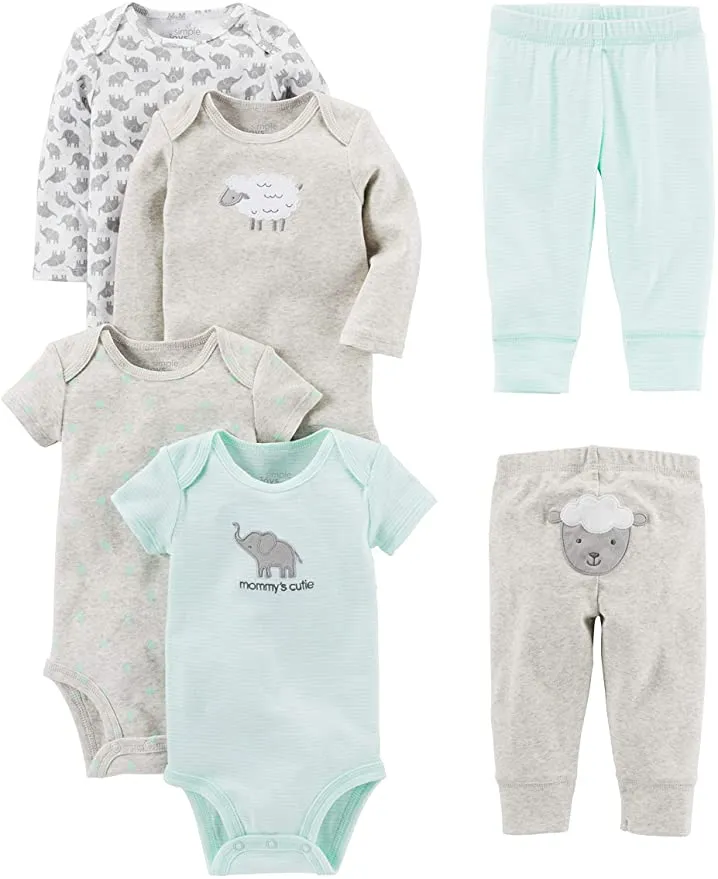 New Simple Joys by Carter's Baby 6-Piece Neutral Bodysuits (Short and Long Sleeve) and Pants Set, Sz 0-3 Months!